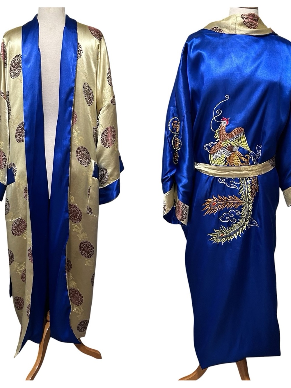 Men’s Vintage Satin Blue and Gold Embroidered Reversible Kimono Robe
